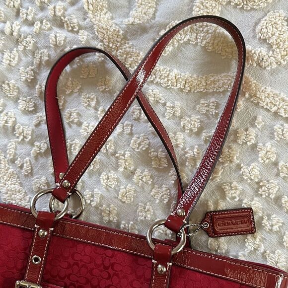 Coach Galaxy Tote Signature Canvas Red Silver Hardware Bag Purse - Picture 4 of 15